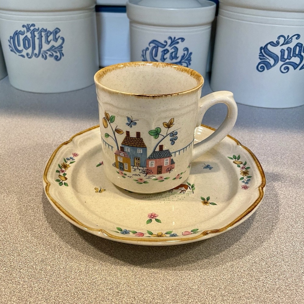 Vintage International StonewareHeartland Cup & 7.5" Plate Set Coffee Tea Farm